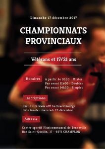 Championnats provinciaux vétérans et 17–21 ans, dimanche 17 décembre 2017 au centre sportif de Tenneville.
