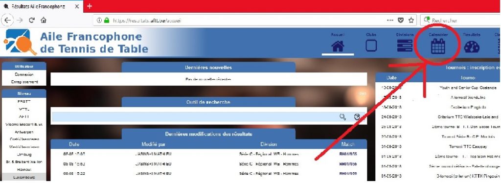 Étape 1 du tutoriel de 2018 : sur l’ancien site AFTT, ouvrir le menu Résultats situé en haut à droite.